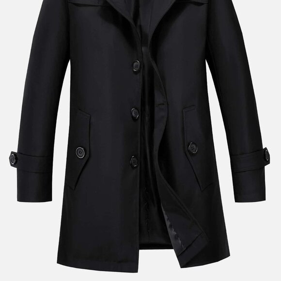 Black Preppy Mens Slant Pockets Button Up Trench Coat - Picture 2 of 7